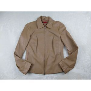 VINTAGE Hugo‎ Boss Jacket Womens Medium Brown Lambskin Pockets Casual Ladies*